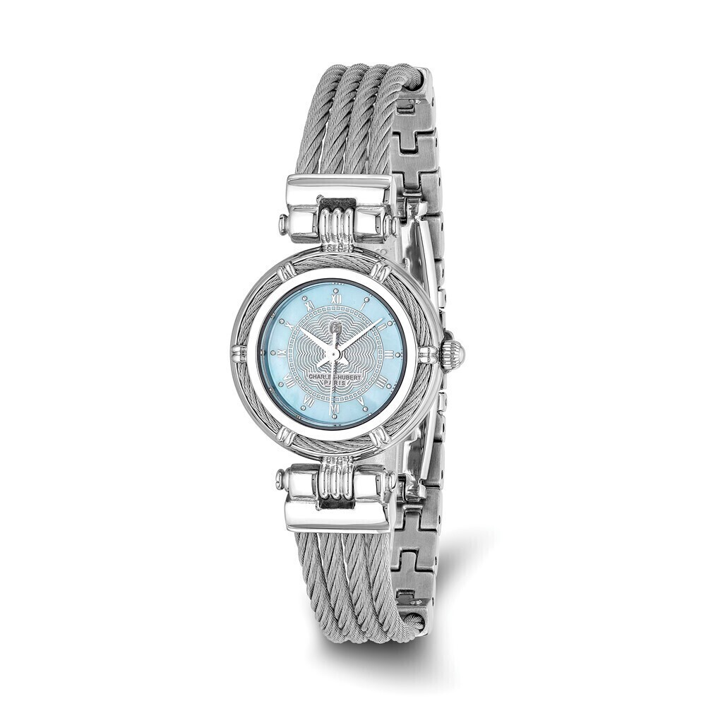 Kazi Luxury Charles Hubert Chrome Finish MOP Dial Stainless Steel Wire Bangle